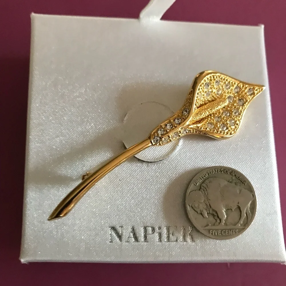 Napier Gold-Tone Calla Lily Flower Brooch, Pave Set Rhinestones in …